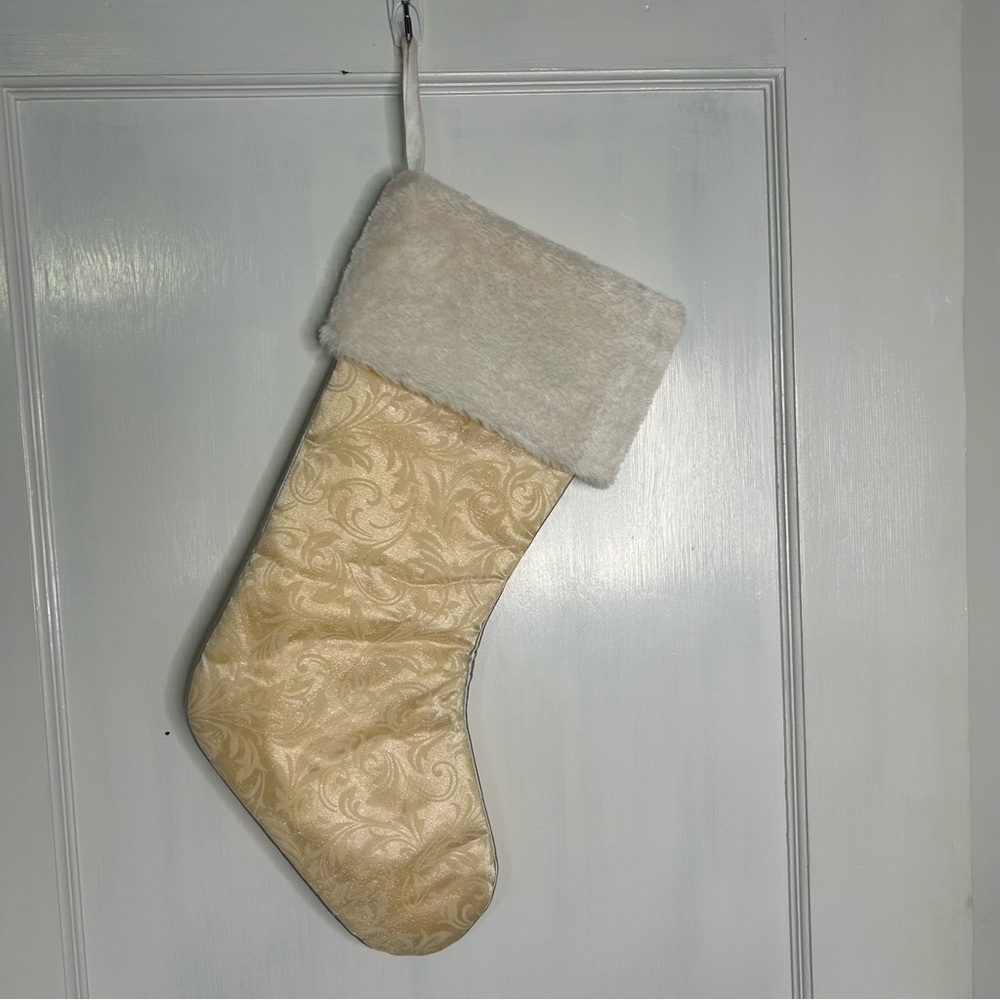 Cream Christmas Stocking Cream Ivory with Faux Fur Cuff tulle scroll overlay